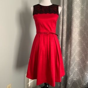 LONDON TIMES Red Satin Black Lace Fit and Flare Cutout Back Cocktail Party Dress